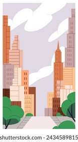 City poster. Skyscrapers, urban architecture, tower buildings and road, card background. Cityscape, business office district, metropolitan downtown, high houses and sky. Flat vector illustration