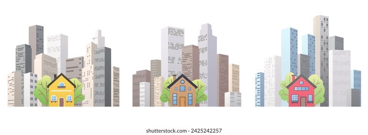 City posters set. Building for rent or sale. Options concept for leasing or selling commercial properties. Houses at metropolis Modern city landscape. Vector illustration