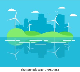 City power plant from turbines of wind generators. Concept of design of a poster energy saving innovative technologies. The island by the sea withUrban a landscape.In flat  a vector.alternative energy