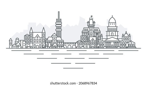 City of Prague, Czech Republic architecture line skyline illustration. Linear vector cityscape with famous landmarks, city sights, design icons, with editable strokes isolated on white background.