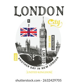 city print t-shirt design. Vintage City of London . Royall life in England. London graphics. graphic tee design of London. retro city of London bridge.