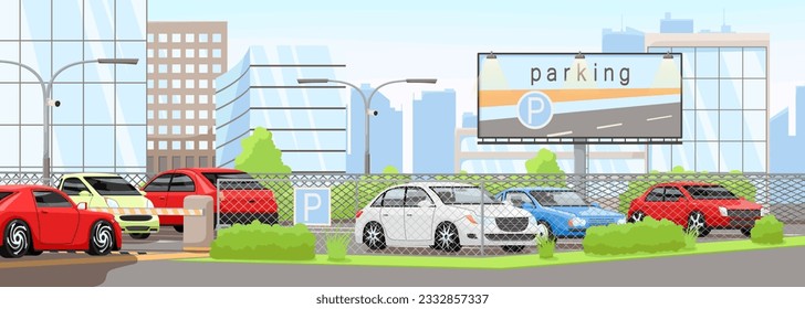 City private parking zone. Transport infrastructure facilities. Automobile regulation in town. Public driving areas. Concept of urban carparking in cities. Concrete driveways. Vector illustration