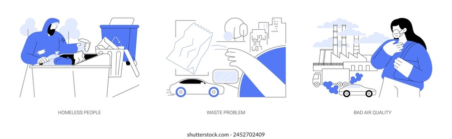 City problems isolated cartoon vector illustrations set. Homeless rummages through the trash, throwing garbage out of the car, urban waste, bad air quality, wearing mouth mask vector cartoon.