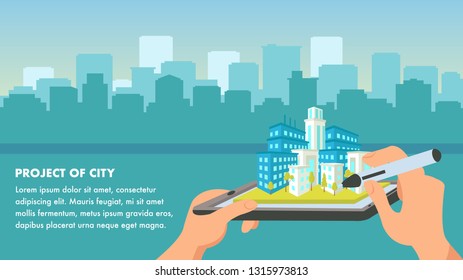 City Project Flat Design Vector Illustration. Isometric 3d Skyscraper. Cityscape Silhouette. Hand Holding Graphics Tablet with Housing Complex. Construction Company Banner. Poster Design, Text Space