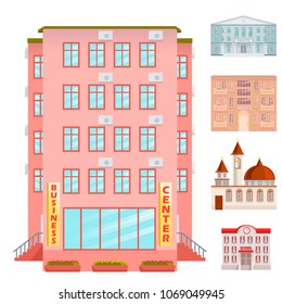 City public buildings houses flat design office architecture modern street apartment vector illustration.