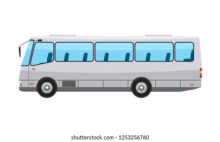 City public bus with flat and solid color style design. Transparent window glasses. Vector illustration.