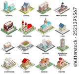 City public and municipal buildings vector set. Detailed isometric isolated illustrations. Hospital, school, university, cinema, cathedral, city hall, bank, store, stadium, factory, theatre, etc.