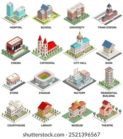 Stadt öffentlichen und kommunalen Gebäuden Vektorsatz. Detaillierte isometrische Einzelabbildungen. Krankenhaus, Schule, Universität, Kino, Kathedrale, Rathaus, Bank, Geschäft, Stadion, Fabrik, Theater, etc.