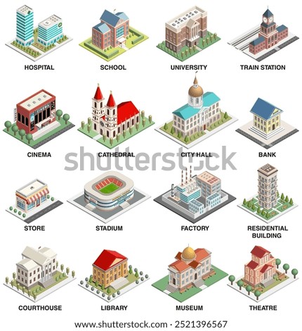 City public and municipal buildings vector set. Detailed isometric isolated illustrations. Hospital, school, university, cinema, cathedral, city hall, bank, store, stadium, factory, theatre, etc.