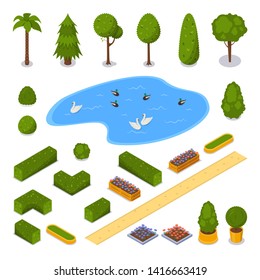 City public park 3d isometric flat icons. Vector urban outdoor landscape design elements. Green garden trees, pond and flower pots, isolated on white background.