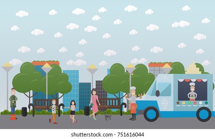 City public park concept vector illustration. Icecream salesman selling ice cream cones, kids playing ball, woman walking dog, street sweeper with broom. Flat style design.