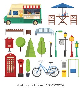 City public park constructor with infrastructure objects and elements. Street food truck, outdoor cafe table, benches, lampposts, phone booth, bike and other urban area