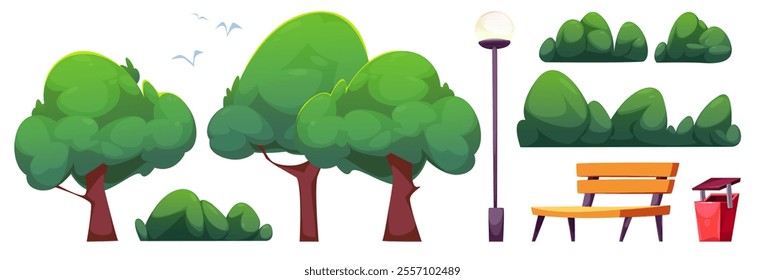 City public park elements collection - lush green trees with brown trunks, bushes, street lamp post, wooden bench and red trash bin. Nature objects and furniture for urban landscape composition