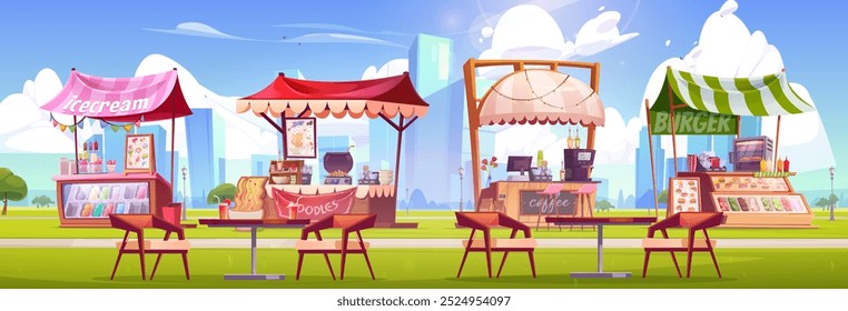 City public park with fast food and drink stalls and tables with chairs. Cartoon street food festival booth with ice cream and burgers, coffee and noodle in town garden with skyscrapers on horizon.