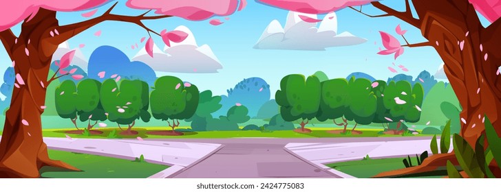 City public park with pathway, pink flowering trees and green grass. Cartoon vector spring season time urban landscape with road in garden. Panoramic sunny day scenery with road in parkland.