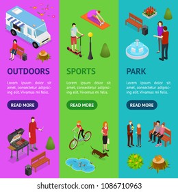 City Public Park or Square Banner Vecrtical Set 3d Isometric View with Food Truck, Carousel and Sport Place. Vector illustration of Concept Relaxation