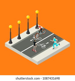 City Public Park or Square Object 3d Isometric View with Bike Path. Vector illustration of Concept Relaxation