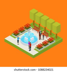 City Public Park or Square Object 3d Isometric View with Fountain. Vector illustration of Concept Relaxation