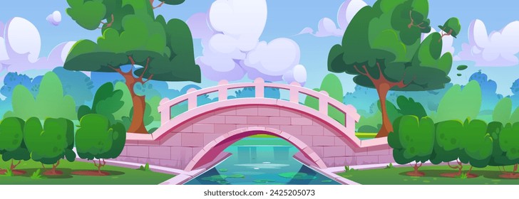 City public park with stone bridge over river or pond, green trees and grass. Cartoon vector panoramic summer time urban garden landscape with water stream or lake and woods, clouds on blue sky.