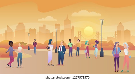 City public park in sunset. People communication, enjoing time vector illustration.
