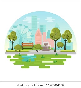 City public park vector illustration concept poster with bench, trees, fountain, plants on modern city background. Green eco landscape.