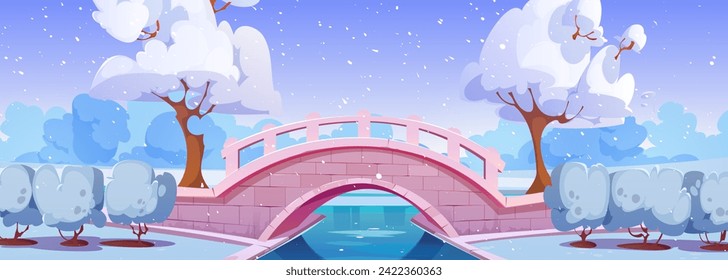 City public park in winter with stone bridge over river or pond, snowy trees and ground and falling snow. Cartoon vector panoramic cold weather urban garden landscape with frozen lake and woods.