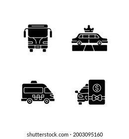 City public transport black glyph icons set on white space. Easy movement around the city. Shuttle buses avaliable. Convenient transportation. Silhouette symbols. Vector isolated illustration