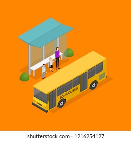 City Public Transport Bus 3d Icon Isometric View on a Yellow Background. Vector illustration of Schoolbus