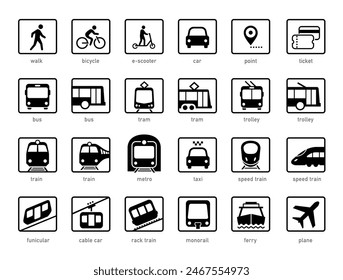 Die Symbole für den öffentlichen Nahverkehr sind gesetzt. Die Gliederungssymbole sind gut skalierbar und bearbeitbar. Kontrastierende Vektorgrafik Elemente sind gut für verschiedene Hintergründe. EPS10.