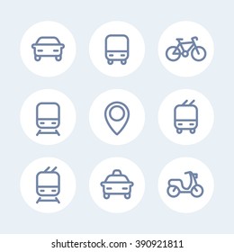 City and public transport icons, public transportation vector icons, bus icon, subway sign, taxi, public transport pictograms, thick 