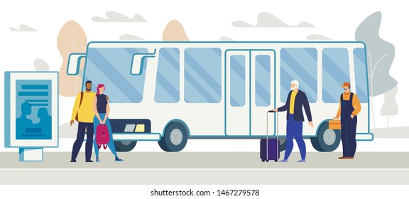 City Public Transport Infrastructure, Citizen and Tourists Transportation Flat Vector. Female and Male Passengers with Baggage, Couple and Worker Waiting Bus on Stop or Station Platform Illustration