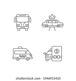 City public transport linear icons set. Easy movement around the city. Shuttle buses avaliable. Customizable thin line contour symbols. Isolated vector outline illustrations. Editable stroke