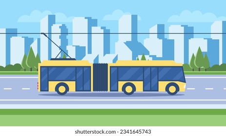 City public transport in a simple flat style. A trolleybus travels along the road during the day. Modern urban landscape.