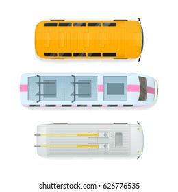City public transport top view icons set. Bus, tramway, metro train, trolleybus flat vector illustration isolated on white background. For game environment, urban infographics, logo, web design