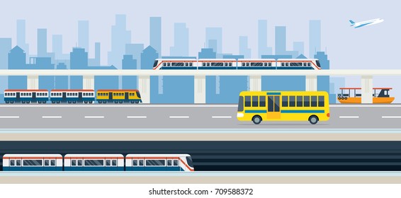 City, Public Transport and Transit, Bus, Train, Skytrain, Metro, Boat and Airplane