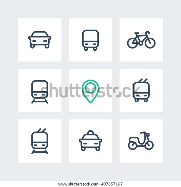 City and public transport, transportation,\
route, bus, subway, taxi, thick line icons isolated on white,\
vector illustration