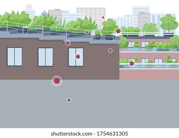 Ilustración del vector de color plano de cuarentena en la ciudad. Calle vacía con el paisaje de dibujos animados 2D de bacterias coronavirus con paisaje urbano en segundo plano. Protección contra pandemias vivas, aislamiento social