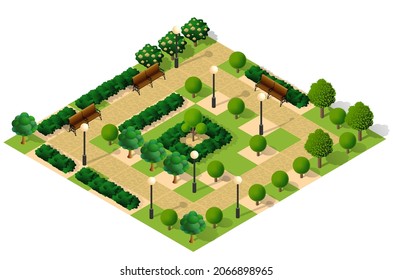 City quarter top view landscape isometric 3D illustration projection with trees with park