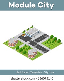 City quarter top view landscape isometric 3D projection with skyscrapers, houses and trees with park
