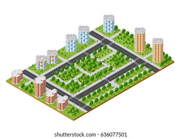 City quarter top view landscape isometric 3D projection with skyscrapers, houses and trees with park