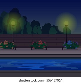 city quay evening background with  benches and flowerbeds
