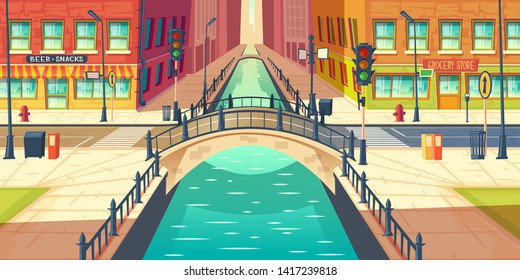 City quay, water channel on town street cartoon vector with empty sidewalks, grocery store and bar or beer pub showcases, city road crossing river with retro architecture arch bridge illustration