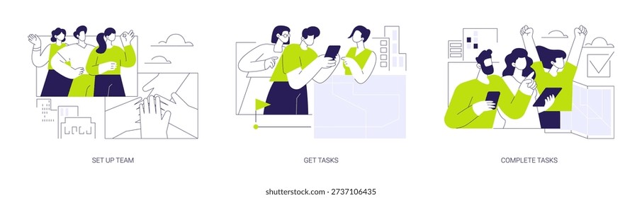 City quest isolated cartoon vector illustrations set. Set up scavenger hunt team, get and complete tasks, discussing an action plan, people urban lifestyle, game challenge vector cartoon.