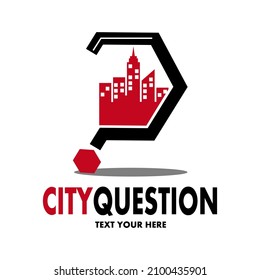 Stadtfrage, Vektorgrafik-Logo-Vorlage. Dieses Design verwendet ein Bausymbol. Eignet sich für Business oder Quiz