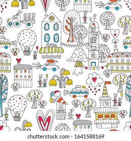 City of rabbits. Cute vector seamless pattern with bunnies. Wallpapers coloring pages for kids. Linear pattern.