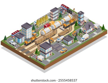 City. Railroad station. Isometric. Isolated on a white background. Vector illustration.