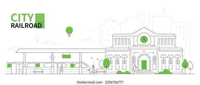 City railroad - thin line design style vector illustration on white background. High quality composition with railway station, platform, people. Urban landscape, architecture, travel idea