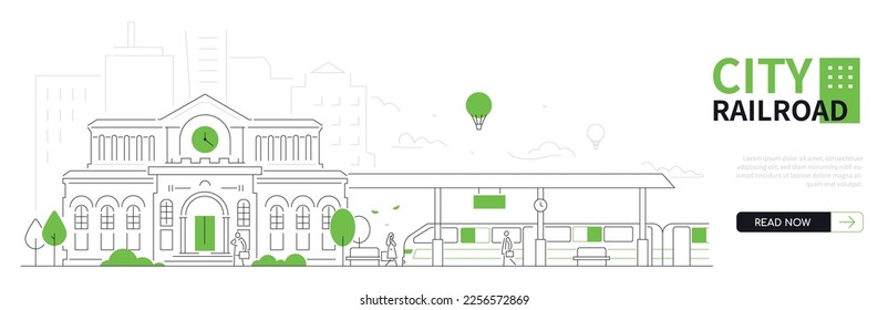 City railroad - thin line design style vector web banner with copy space for text. High composition with railway station, platform, passengers. Urban landscape, architecture, travel idea