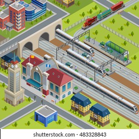 City railway terminal track platform isometric poster with traditional station building and modern passenger trains vector illustration 