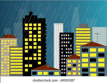 City with rain  vector illustration